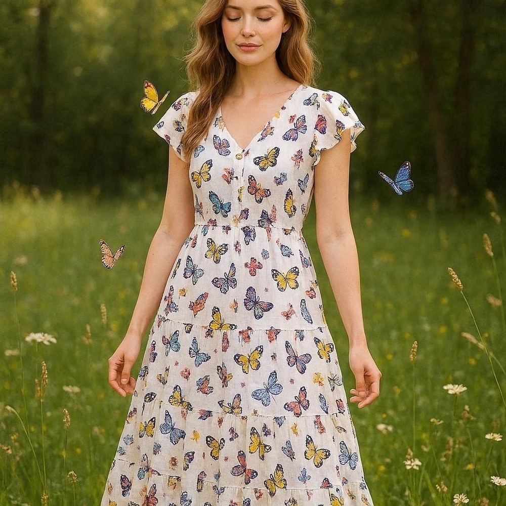 Cottagecore Cottagecore Feminine Whimsical Tiered Fairycore Butterflies L Dress